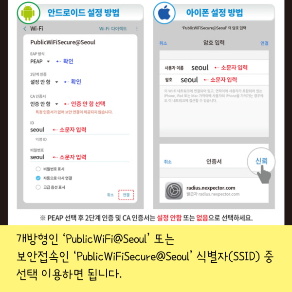 개방형인 ‘PublicWiFi@Seoul’ 또는  보안접속인 ‘PublicWiFiSecure@Seoul’ 식별자(SSID) 중 선택 이용하면 됩니다.