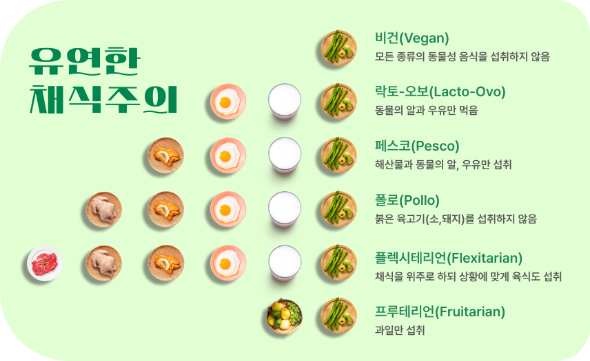 유연한 채식주의-비건(Vegan):모든 종류의 동물성 음식을 섭취하지 않음,락토-오보(Lacto-Ovo):동물의 알과 우유만 먹음,페스코(Pesco):해산물과 동물의 알, 우유만 섭취,폴로(Pollo):붉은 육고기(소,돼지)를 섭취하지 않음,플렉시테리언(Flexitarian):채식을 위주로 하되 상황에 맞게 육식도 섭취,프루테리언(Fruitarian):과일만 섭취