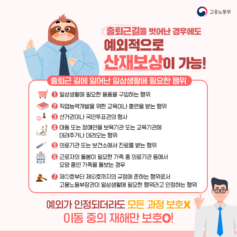 출퇴근길에 일어난 일상생활에 필요한 행위인 경우라면 출퇴근길을 벗어난 경우에도 예외적으로 산재보상이 가능합니다. 구체적인 사례를 살펴보자면 첫번째, 일상생활에 필요한 용품을 구입하는 행위. 두번째, 직업능력개발을 위한 교육이나 훈련을 받는 행위. 세번째, 선거권이나 국민투표권의 행사. 네번째, 아동 또는 장애인을 보육기관 또는 교육기관에 데려다주거나 데려오는 행위. 다섯번째, 의료기관 또는 보건소에서 진료를 받는 행위. 여섯번째, 근로자의 돌봄이 필요한 가족 중 의료기관 등에서 요양 중인 가족을 돌보는 경우. 마지막으로 제1호부터 제6호까지의 규정에 준하는 행위로서 고용노동부 장관이 일상생활에 필요한 행위라고 인정하는 행위 등입니다. 단, 예외가 인정되더라도 모든 과정을 보호하지 않으며 이동 중의 재해만 보호합니다.