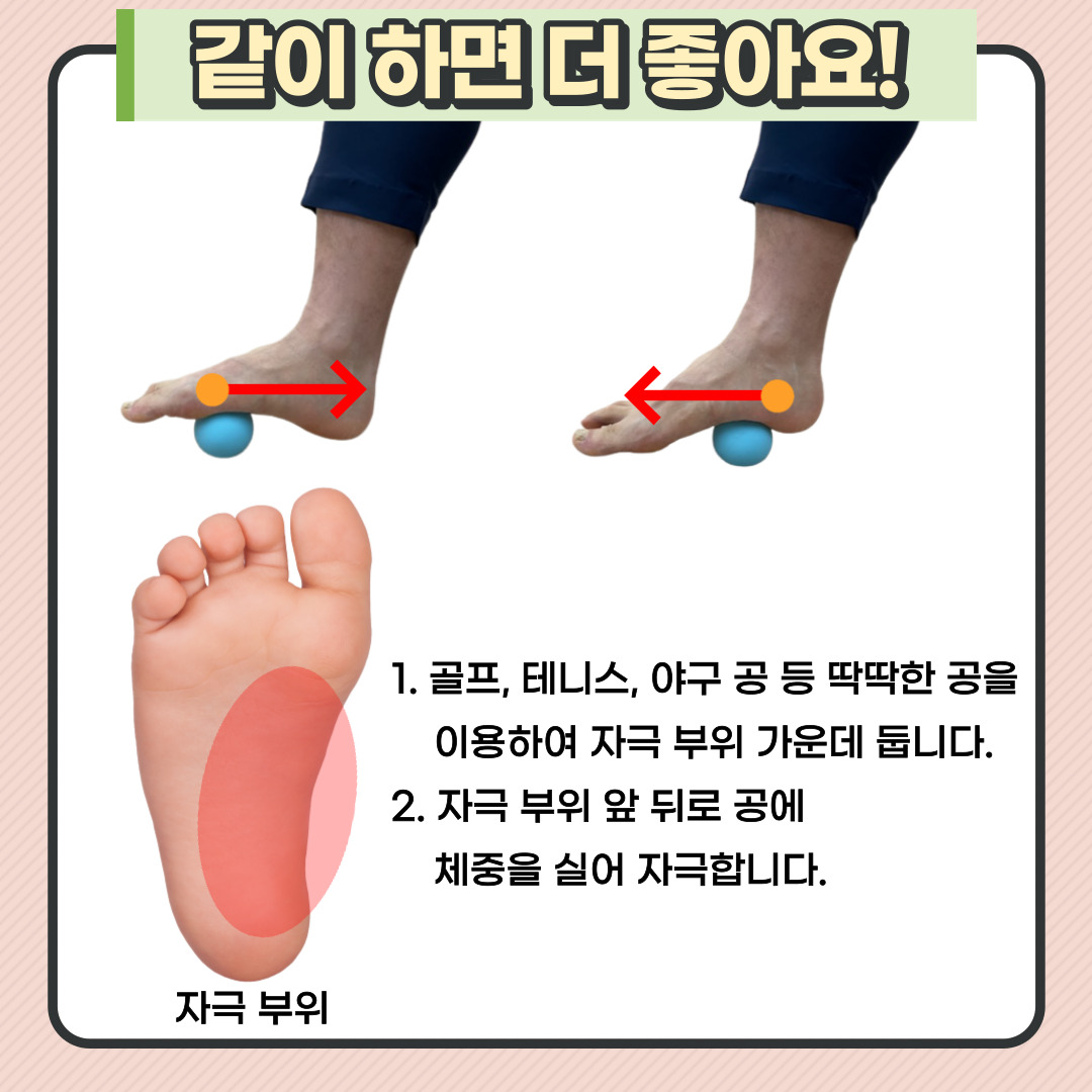 같이 하면 좋은 운동으로 공을 이용한 방법이 있습니다. 우선 골프공, 테니스공, 야구공 등 딱딱한 공을 바닥에 놓고 발바닥 아치 안쪽 가운데 둡니다. 그 다음 발바닥 안쪽 아치부분이 전반적으로 자극될 수 있도록 공에 체중을 실어 앞뒤로 굴려줍니다.