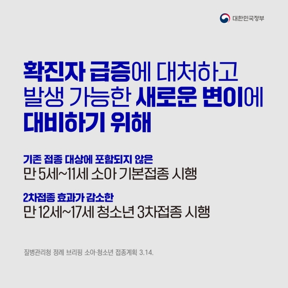 확진자 급증에 대처하고 발생 가능한 새로운 변이에 대비하기 위해 만5세부터 11세 이하 소아를 대상으로 한 기본접종을 실시하는 한편, 2차접종 효과가 감소한 만12세 이상 17세 청소년을 대상으로 한 3차 접종을 시행합니다.