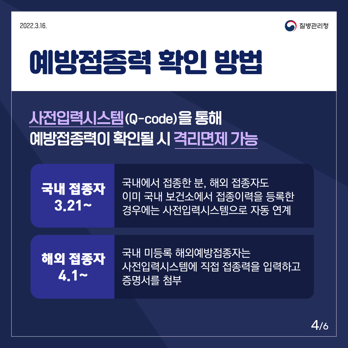 사전입력시스템 Q-code를 통해 예방접종력이 확인되면 격리의무를 면제받을 수 있습니다. 국내에서 접종했거나 국내 보건소에 접종이력을 등록한 경우 3월 21일부터 사전입력시스템으로 자동연계됩니다. 국내 미등록 해외 예방접종자는 사전입력시스템에 직접 접종력을 입력하고 증명서를 첨부하면 됩니다.