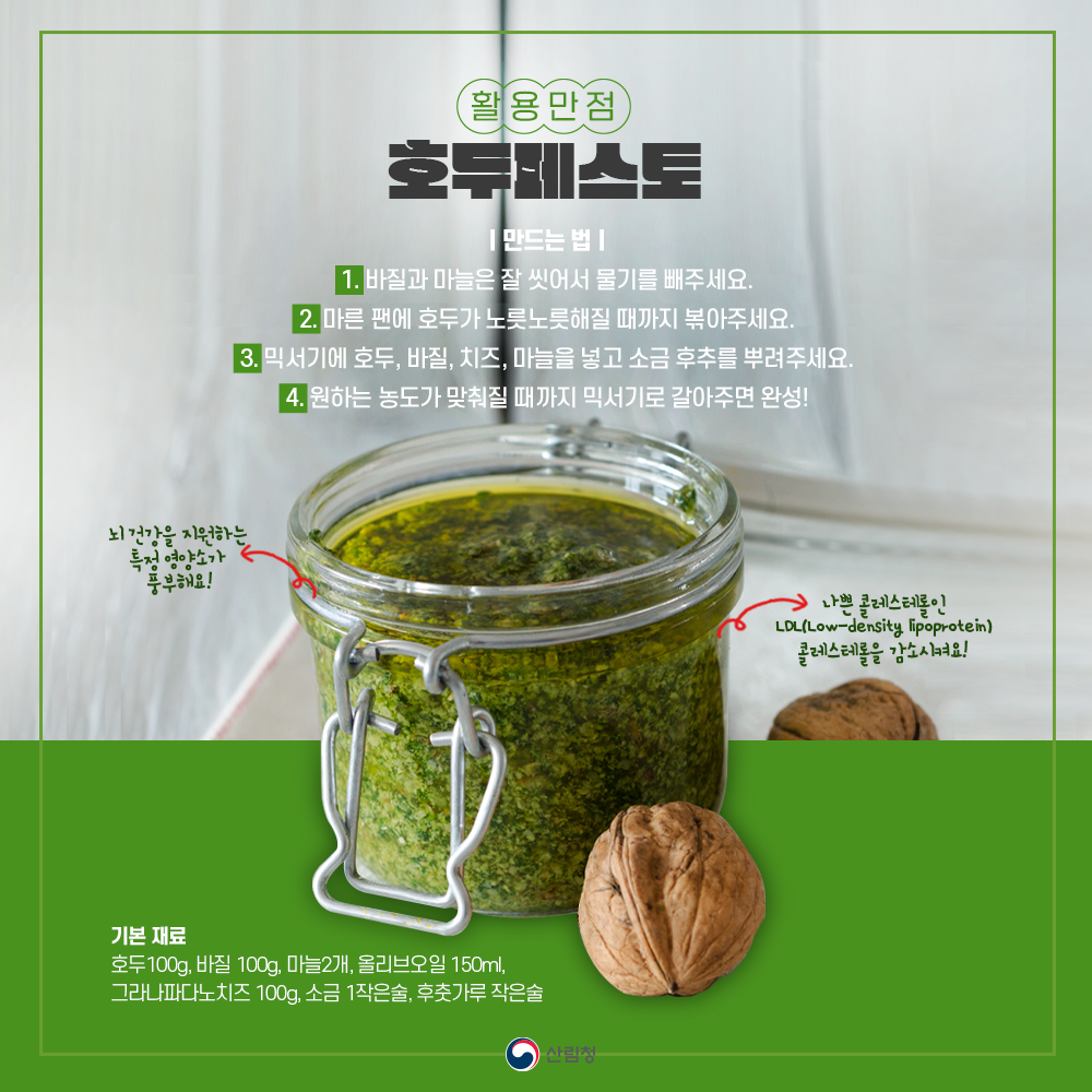 샐러드부터 파스타까지 활용도 높은 호두 페스토 만드는 법입니다. 호두 100g, 바질 100g, 마늘 2개, 올리브오일 150㎖, 그라나파다노치즈 100g, 소금 1티스푼, 후춧가루 약간을 준비해 주세요. 바질과 마늘은 잘 씻어서 물기를 빼주시고 마른 팬에 호두가 노릇노릇해질 때까지 볶아주세요. 믹서기에 호두, 바질, 치즈, 마늘을 넣고 소금과 후추를 뿌려준 뒤 원하는 농도가 나올 때까지 갈아주면 됩니다. 호두는 불포화지방산 등 뇌 건강을 돕는 영양소가 풍부한 식품입니다. 또 나쁜 콜레스테롤인 LDL콜레스테롤을 감소시킵니다.