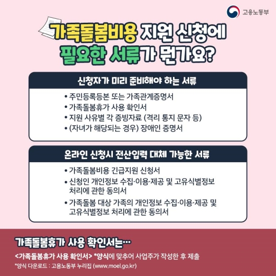 가족돌봄비용 지원신청에는 다음 서류들이 필요합니다. 우선 먼저 준비해야 하는 서류는 주민등록등본 또는 가족관계증명서, 가족돌봄휴가 사용 확인서, 지원사유별 증빙자료 등이 있습니다. 가족돌봄휴가 사용 확인서는 고용노동부 홈페이지 내 양식을 다운받아 사업주가 작성해 제출합니다. 코로나19 확진가족을 돌본 경우 격리통지문자 등을 증빙자료로 제출하면 됩니다. 장애인자녀를 돌본 경우 장애인증명서가 필요합니다. 온라인으로 신청하는 경우 가족돌봄비용 긴급지원 신청서, 신청인 개인정보 수집·이용·제공 및 고유식별정보 처리에 관한 동의서, 가족돌봄 대상 가족의 개인정보 수집·이용·제공 및 고유식별정보 처리에 관한 동의서는 전산입력으로 대체할 수 있습니다.