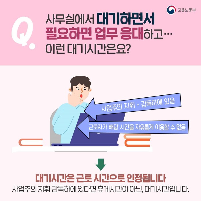 그렇다면 점심시간에 사무실에서 대기하면서 필요하면 업무 응대하는 등 그 시간을 대기시간으로 썼다면 어떨까요? 이 경우는 근로시간으로 인정됩니다. 우선 사업주의 지휘·감독하에 있었고, 근로자가 해당 시간을 자유롭게 이용할 수 없었기 때문입니다. 앞의 두가지 요건을 고려한다면 대기시간은 근로시간으로 인정됩니다. 사업주의 지휘·감독하에 있다면 휴게시간이 아닌 대기시간입니다.