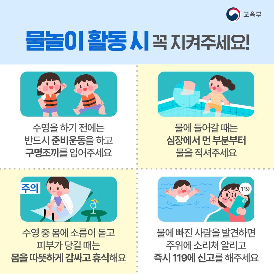 물놀이를 즐길 때는 다음의수칙을 꼭 지켜주세요. 먼저  수영을 하기 전에는 반드시 준비운동을 하고 구명조끼를 입어주세요. 물에 들어갈 때는 심장에서 먼 부분부터 물을 적셔줍니다. 수영 중 몸에 소름이 돋고 피부가 당길 때는 몸을 따뜻하게 감싸고 휴식을 취하세요. 마지막으로 물에 빠진 사람을 발견하면 주위에 소리쳐 알리고 즉시 119에 신고해 주세요.