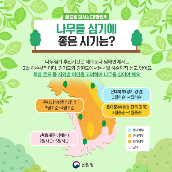 ■ 나무를 심기에 좋은 시기는? 나무심기 추진기간은 제주도나 남해안에서는 2월 하순부터이며, 경기도와 강원도에서는 4월 하순까지 심고 있어요. 토양 온도 등 지역별 여건을 고려하여 나무를 심어야 해요.  · 온대북부(경기·강원) : 3월 하순~4월 하순  · 온대남부(전남·경남) : 3월 초순~4월 초순  · 온대중부(충청·전북·경북) : 3월 중순~4월 중순  · 난대(제주·남해안) : 2월 하순~3월 하순