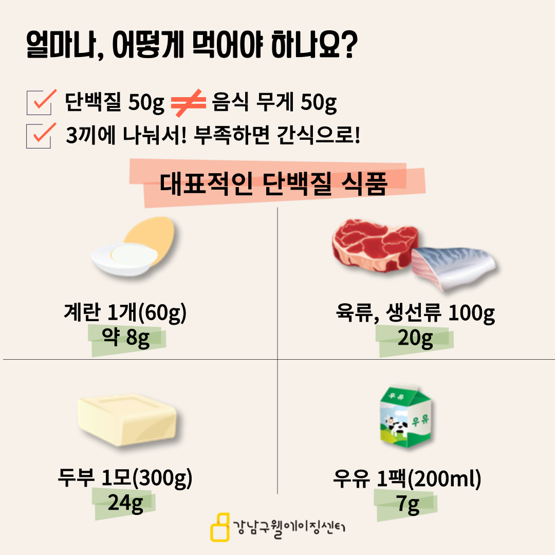 음식 무게와 그 안의 단백질 무게는 다릅니다. 하루 세끼에 나눠서, 부족하면 간식으로 단백질을 섭취하세요. 대표적인 단백질 식품을 기준으로 알려드립니다. 달갈 한 개에는 약 8g, 육류 및 생선류 100g에는 20g, 두부 1모에는 24g, 우유 200㎖ 1팩에는 7g의 단백질이 들어있습니다.