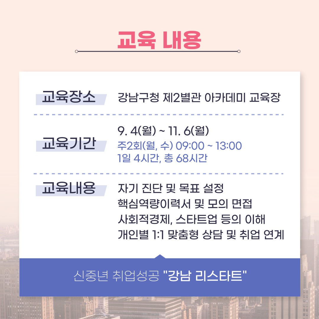 선발된 인원은 9월 4일부터 11월 6일까지 강남구청 제2별관 아카개인별 1:1 맞춤형 상담 및 취업 연계 등입니다.미교육장에서 교육을 받습니다. 매주 월요일과 수요일 오전 9시부터 오후 1시까지 4시간씩 총 68시간 동안 교육받습니다. 주 내용은 자기진단 및 목표 설정, 핵심역량이력서 및 모의 면접, 사회적경제·스타트업 등의 이해, 