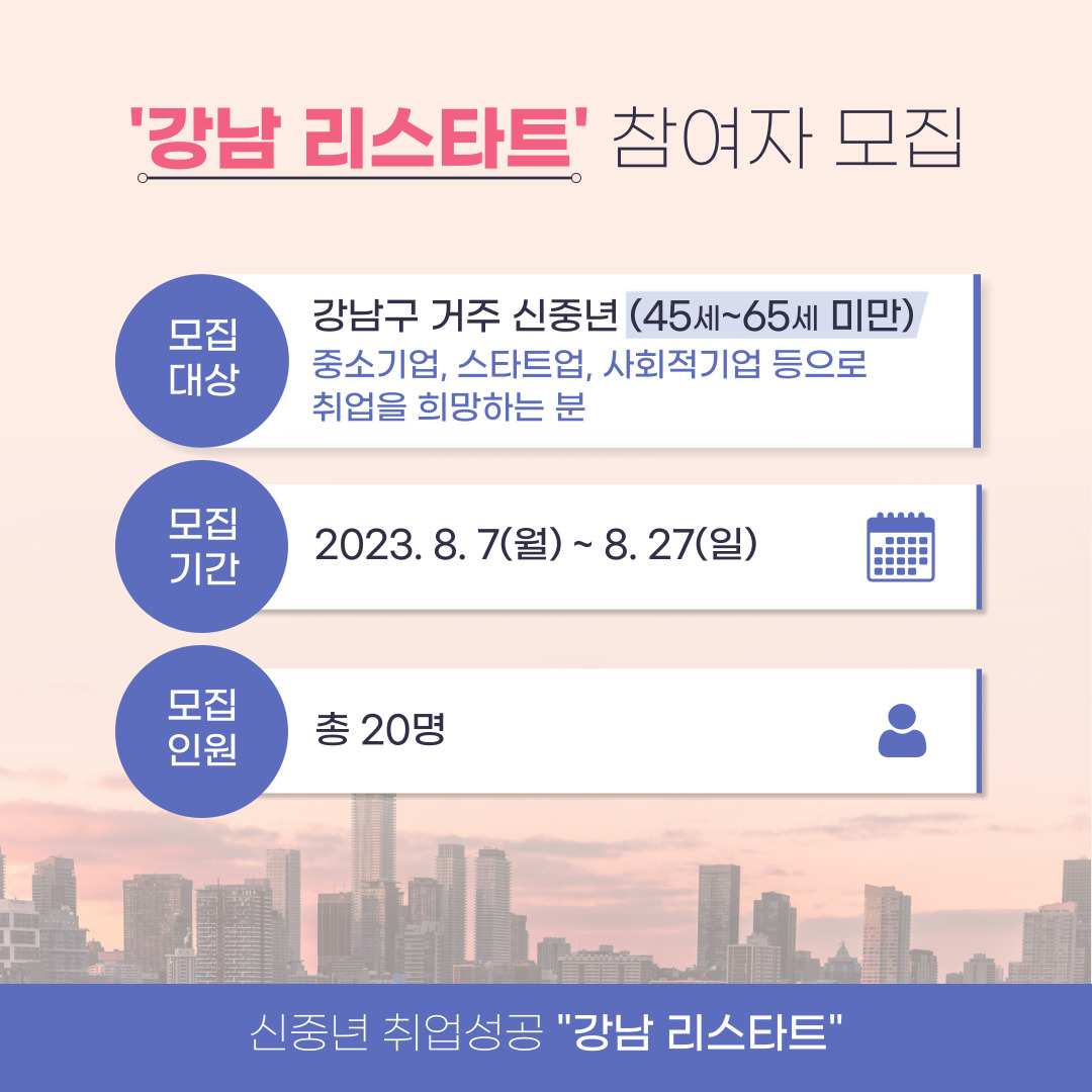 모집대상은 강남구에 거주하는 45세 이상 65세 미만 신중년 중 중소기업, 스타트업, 사회적기업 등으로 취업을 희망하는 분입니다. 8월 7일부터 27일까지 모집하며 20명을 선발합니다.