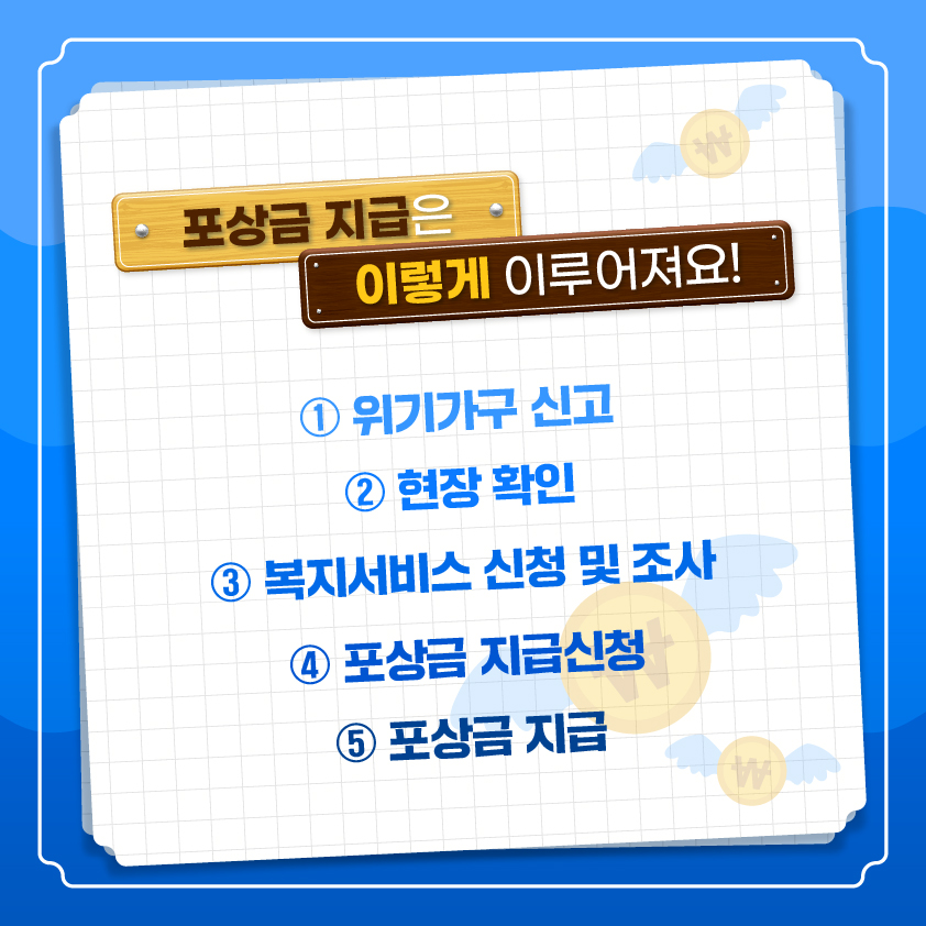 포상금 지급은 이렇게 이루어져요!  위기가구 신고 → 현장 확인 → 복지서비스 신청 및 조사 → 포상금 지급신청 → 포상금 지급