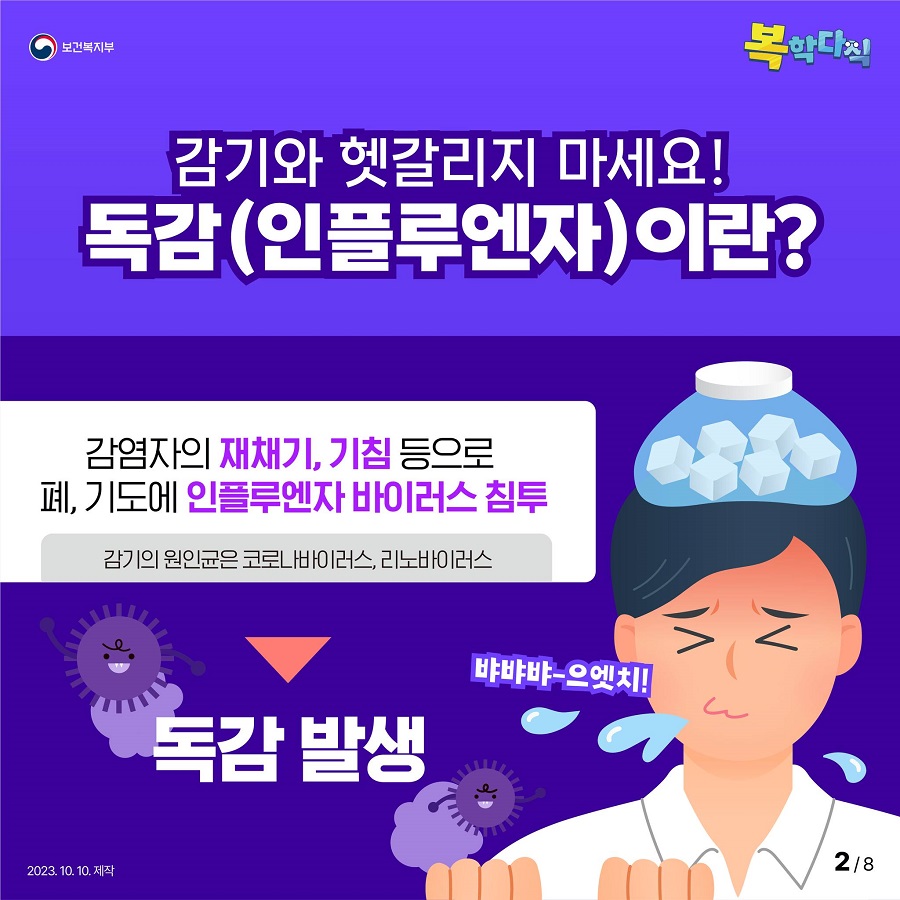 감염자의 재채기, 기침 등으로 폐, 기도에 인플루엔자바이러스가 침투해 발생하는 독감은 리노바이러스, 코로나바이러스 등으로 생기는 감기와 엄연히 다른 질병입니다.