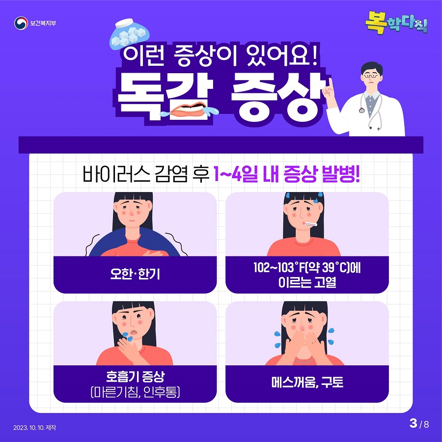 독감은 바이러스 감염 후 1~4일 내 증상이 발병합니다. 주요 증상으로는 오한·한기, 39도까지 오르는 고열, 마른기침과 인후통 등 호흡기 증상, 메스꺼움, 구토 등이 있습니다.