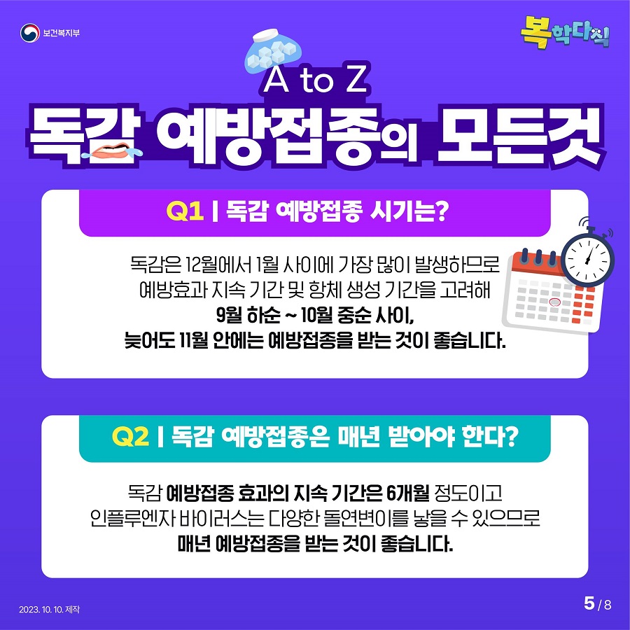 독감은 12월에서 1월 사이에 가장 많이 발생하므로 예방효과 지속 기간 및 항체 생성 기간을 고려해 9월 하순~ 10월 중순 사이, 늦어도 11월 안에는 예방접종을 받는 것이 좋습니다. 독감 예방접종 효과의 지속 기간은 6개월 정도이고 인플루엔자 바이러스는 다양한 돌연변이를 낳을 수 있으므로 매년 예방접종을 받는 것이 좋습니다.