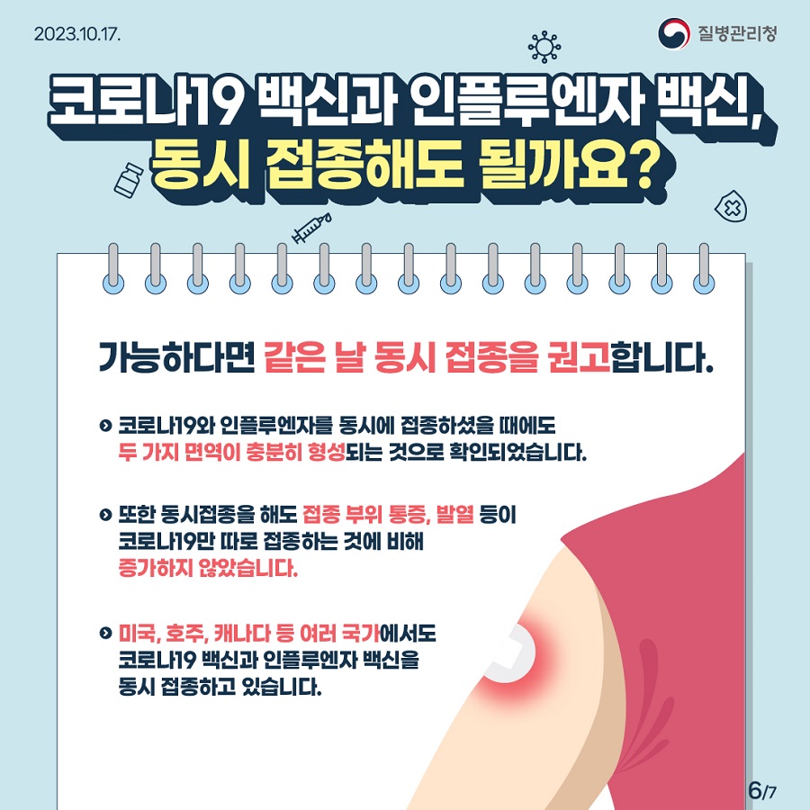 📌코로나19 백신과 인플루엔자 백신, 동시 접종해도 될까요? 가능하다면 같은 날 동시 접종을 권고합니다.   - 코로나19와 인플루엔자를 동시에 접종하셨을 때에도 두 가지 면역이 충분히 형성되는 것으로 확인되었습니다.  - 또한 동시접종을 해도 접종 부위 통증, 발열 등이 코로나19만 따로 접종하는 것에 비해 증가하지 않았습니다.  - 미국, 호주, 캐나다 등 여러 국가에서도 코로나19 백신과 인플루엔자 백신을 동시 접종하고 있습니다. 