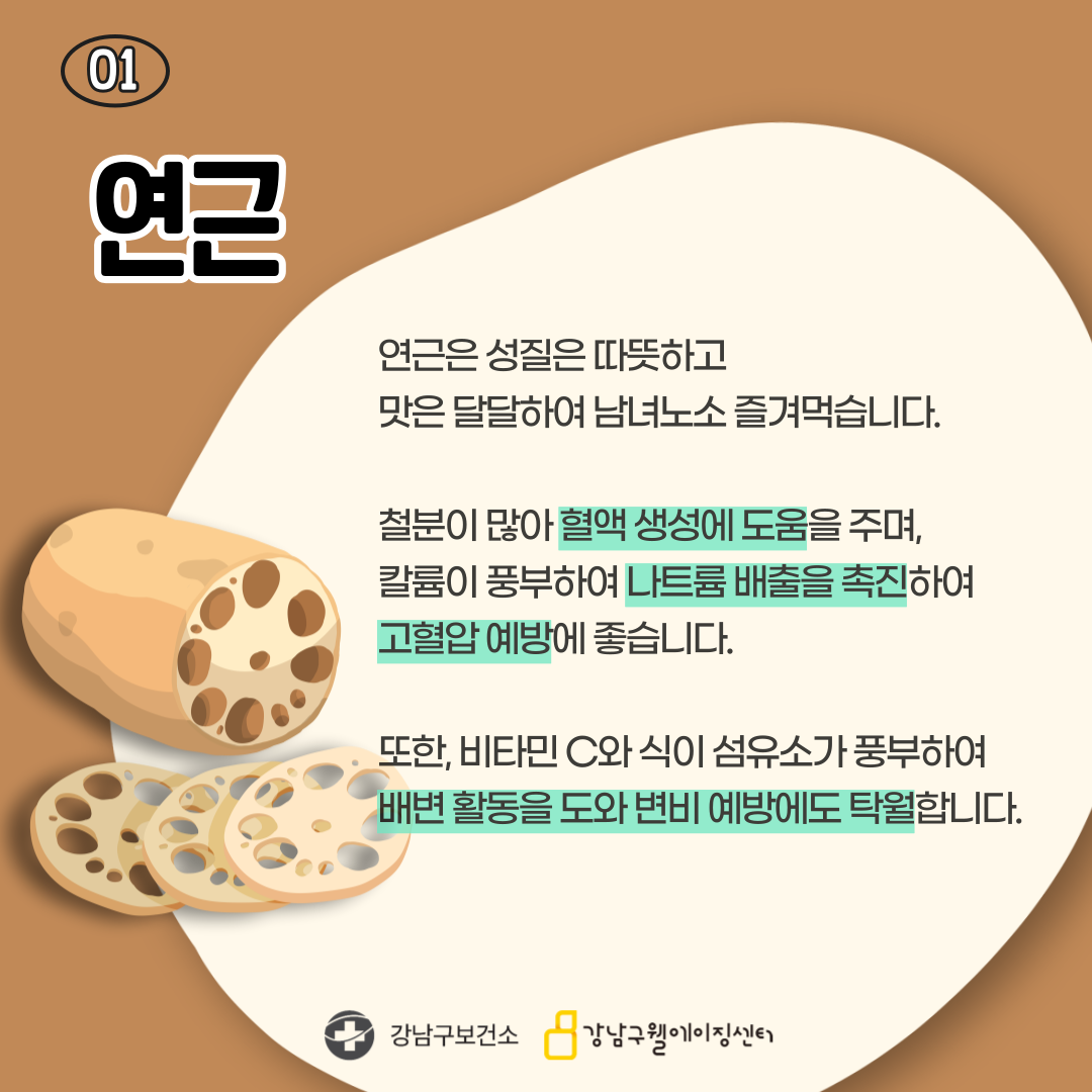 첫 번째는 연근입니다. 연근은 성질이 따뜻하고 맛이 달달해 남녀노소 즐겨먹습니다. 철분이 많아 혈액생성에 도움을 주며, 풍부한 칼륨이 나트륨 배출을 촉진해 고혈압 예방에 좋습니다. 또한 비타민 C와 식이섬유소가 가득해 배변활동을 도와 변비예방에도 탁월합니다.