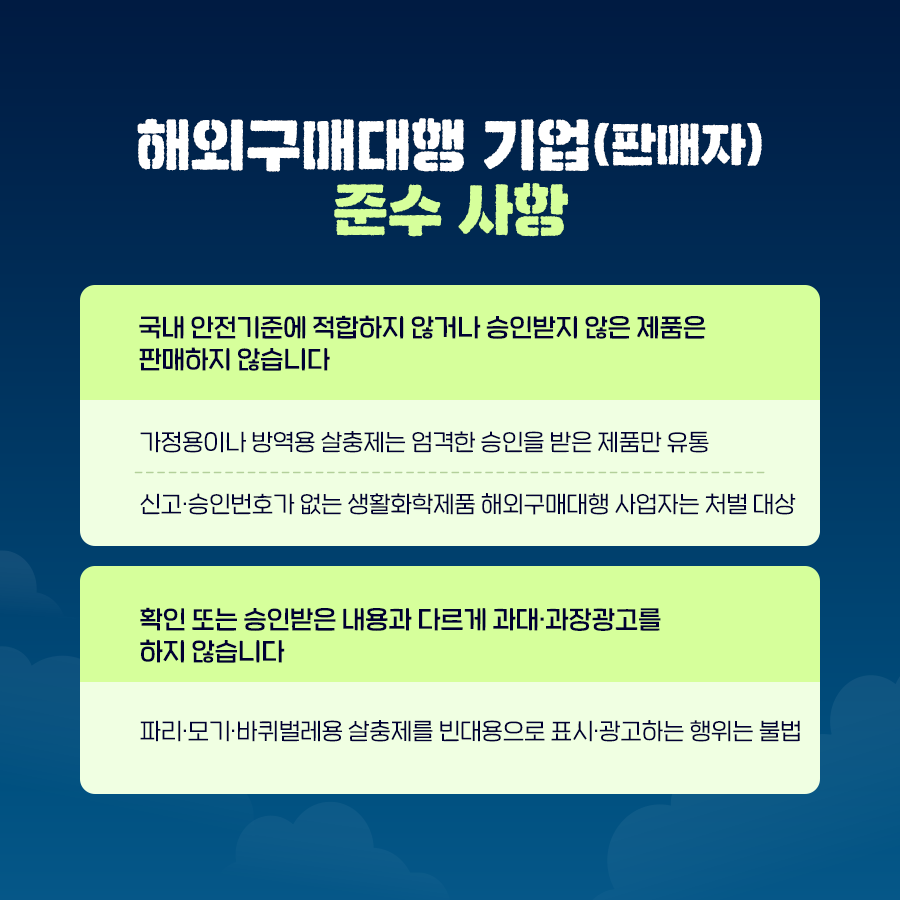 해외구매대행 기업이나 판매자는 다음을 준수해야 합니다. 국내 안전기준에 적합하지 않거나 승인받지 않은 제품은 판매하지 않습니다. 가정용이나 방역용 살충제는 엄격한 승인을 받은 제품만 유통해야 하며 신고·승인번호가 없는 생활화학제품 해외구매대행 사업자는 처벌 대상입니다. 확인 또는 승인받은 내용과 다르게 과대·과장광고를 하지 않습니다. 파리·모기·바퀴벌레용 살충제를 빈대용으로 표시·광고하는 행위는 불법입니다.