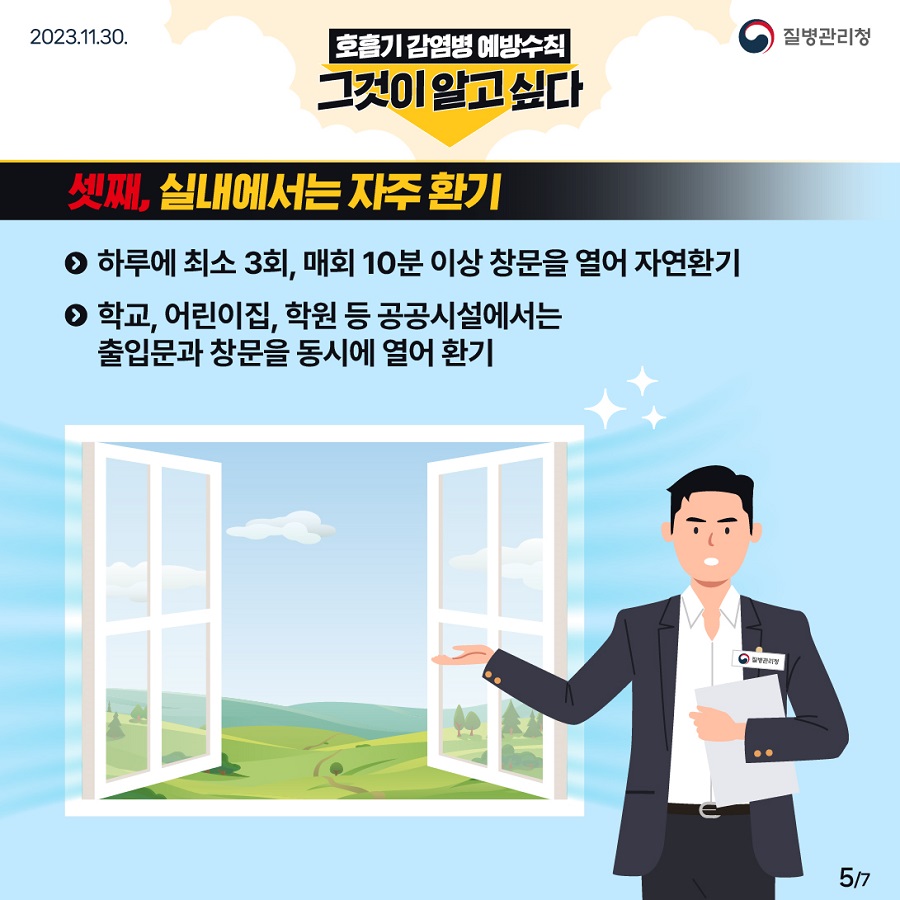 실내에서는 자주 환기합니다. 하루에 최소 3회, 매회 10분 이상 창문을 열어 자연환기하는 것이 좋고 학교, 어린이집, 학원 등 공공시설에서는 출입문과 창문을 동시에 열어 환기합니다.