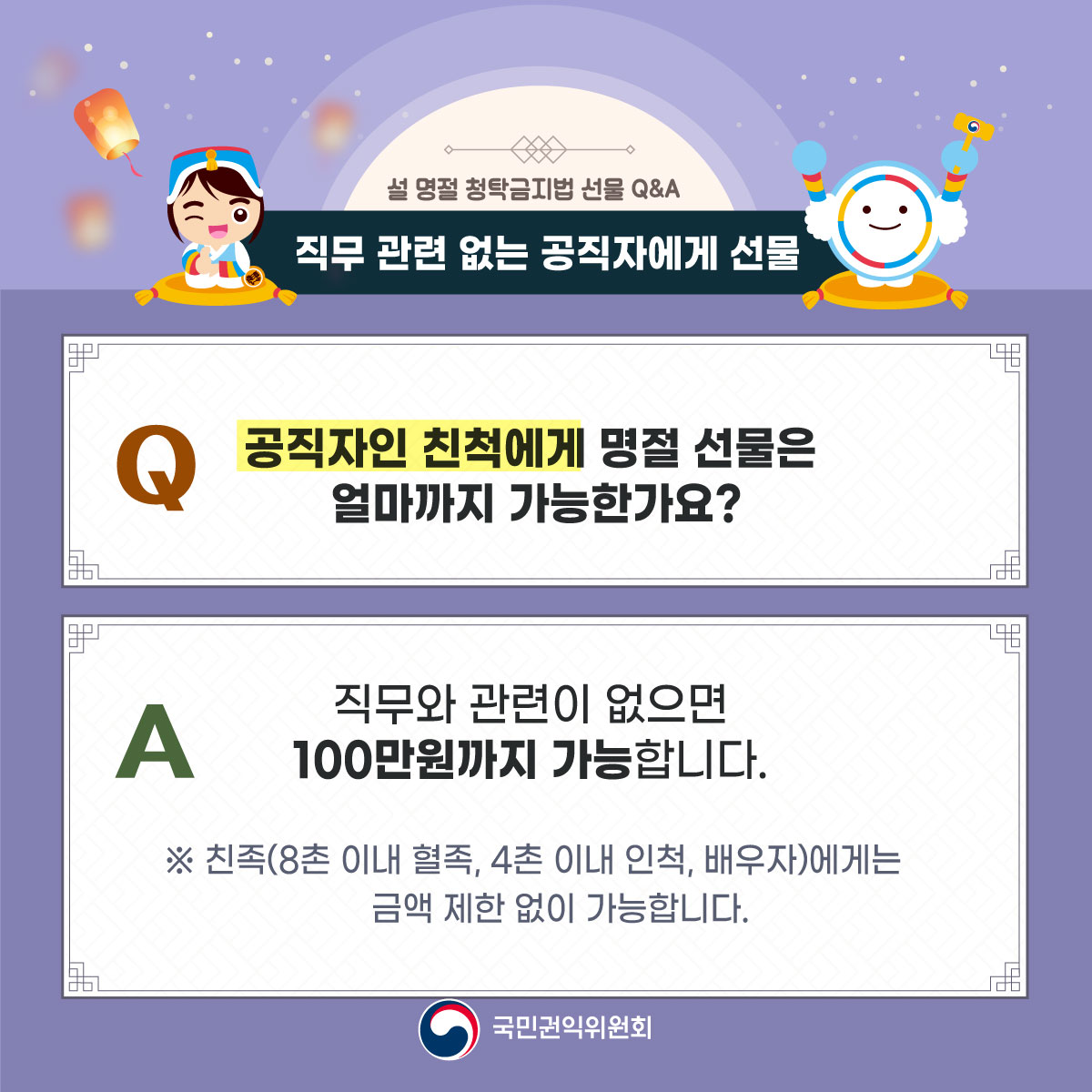 만약 친척이 공직자인 경우라면 어떨까요? 직무와 관련이 없으면 100만원까지 가능합니다. 만약 8촌 이내 혈족이나 4촌 이내 인척, 배우자라면 금액 제한 없이 가능합니다.