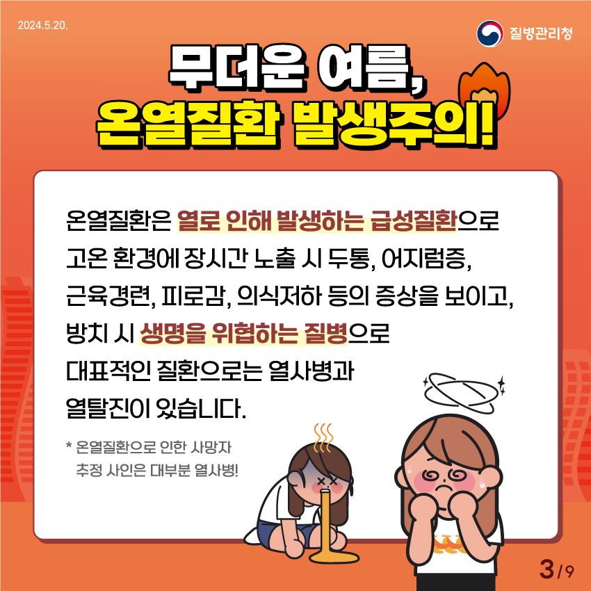 무더운 여름, 온열질환 발생주의! 온열질환은 열로인해 발생하는 급성질환으로 고온 환경에 장시간 노출 시 두통, 어지럼증, 근육경련, 피로감, 의식저하 등의 증상을 보이고, 방치 시 생명을 위협하는 질병으로 대표적인 질환으로는 열사병과 열탈진이 있습니다. * 온열질환으로 인산 사망자 추정 사인은 대부분 열사병!