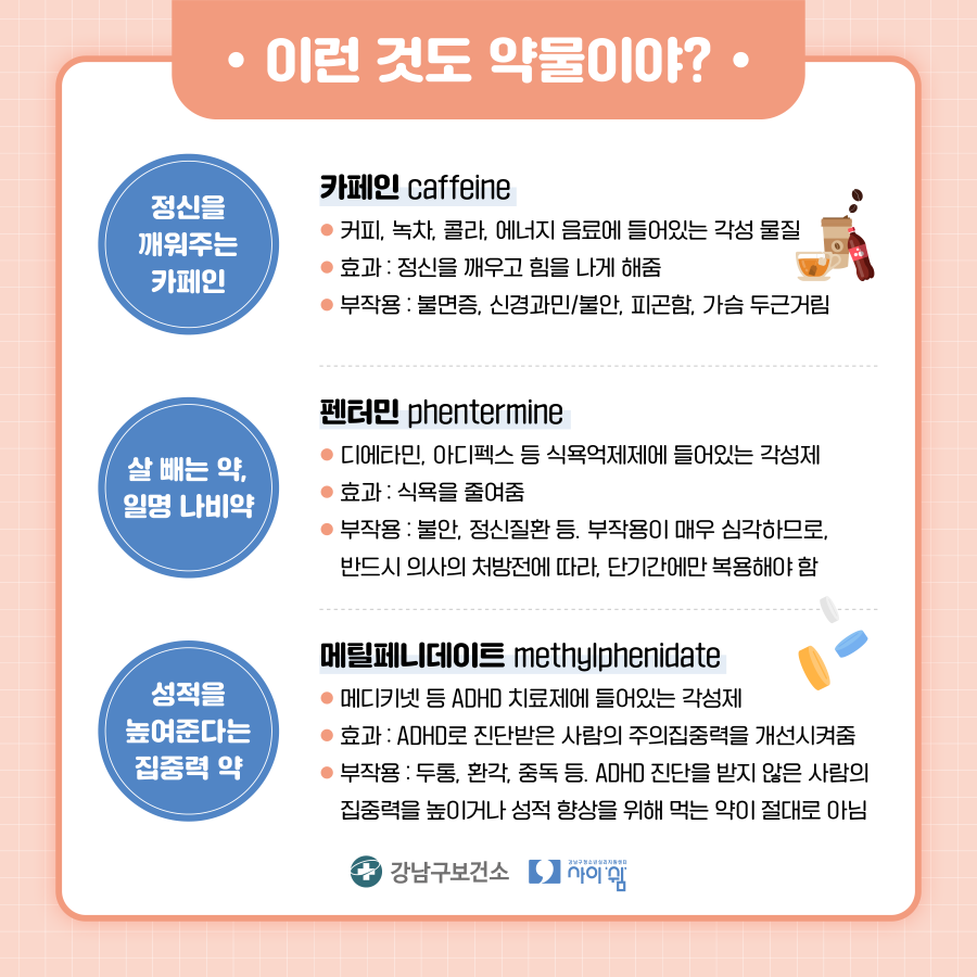 커피, 녹차, 에너지 음료에 들어 있는 각성 물질인 카페인은 정신을 깨우고 힘을 내게 해 주는 효과가 있지만 불면증, 신경과민·불안, 피곤함, 가슴 두근거림 등의 부작용이 있습니다. 일명 나비약으로 불리는 펜터민(Phentermine)은 디에타민, 아디펙스 등 식욕억제제에 들어있는 각성제로 식욕을 줄여줘 살 빼는 약으로 유명합니다. 그러나 불안, 정신질환 등 부작용이 매우 심각하므로 반드시 의사의 처방전에 따라 단기간에만 복용해야 합니다. 성적을 높여준다는 집중력 약 메틸페니데이트(Methylphenidate)는 사실 메디키넷 등 ADHD 치료제에 들어있는 각성제로 ADHD로 진단받은 사람의 주의집중력을 개선시켜 줍니다. 하지만 두통, 환각, 중독 등 부작용이 심각하므로 ADHD 진단을 받지 않은 사람의 집중력을 높이거나 성적향상을 위해 먹는 약이 절대로 아니라는 점을 명심하세요.