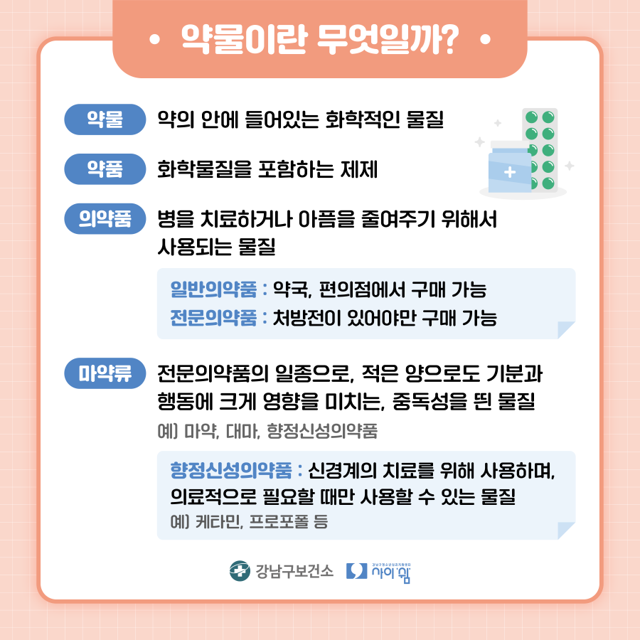 약물이란 약의 안에 들어있는 화학적인 물질입니다. 약품이란 이런 화학물질을 포함한 제재를 말합니다. 병을 치료하거나 아픔을 줄여주기 위해서 사용되는 물질인 의약품은 일반의약품과 전문의약품으로 나눠집니다. 일반의약품은 약국, 편의점에서 구매 가능하지만 전문의약품은 처방전이 있어야 구매 가능합니다. 마약, 대마, 향정신성의약품 등 전문의약품의 일종인 마약류는 적은 양으로도 기분과 행동에 크게 영향을 미치는 중독성을 띈 물질입니다. 향정신성의약품은 케타민, 프로포폴 등 신경계의 치료를 위해 사용하며 의료적으로 필요할 때만 사용할 수 있는 물질입니다.