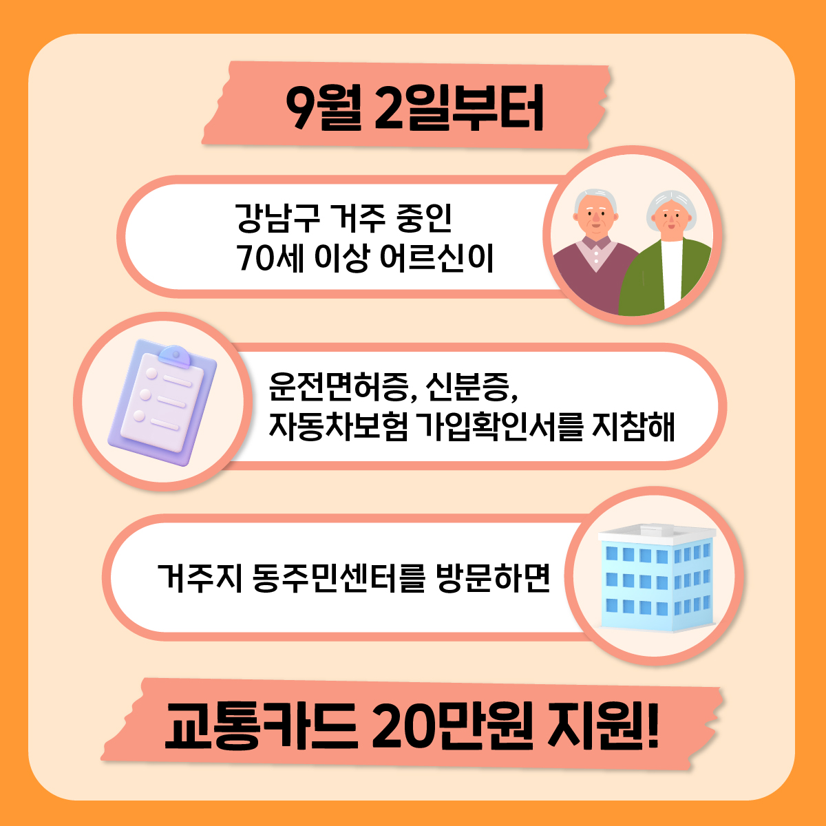 9월 2일부터 운전면허증, 신분증, 자동차보험 가입확인서를 지참해 거주지 동주민센터를 방문하면 교통카드 20만원 지원!