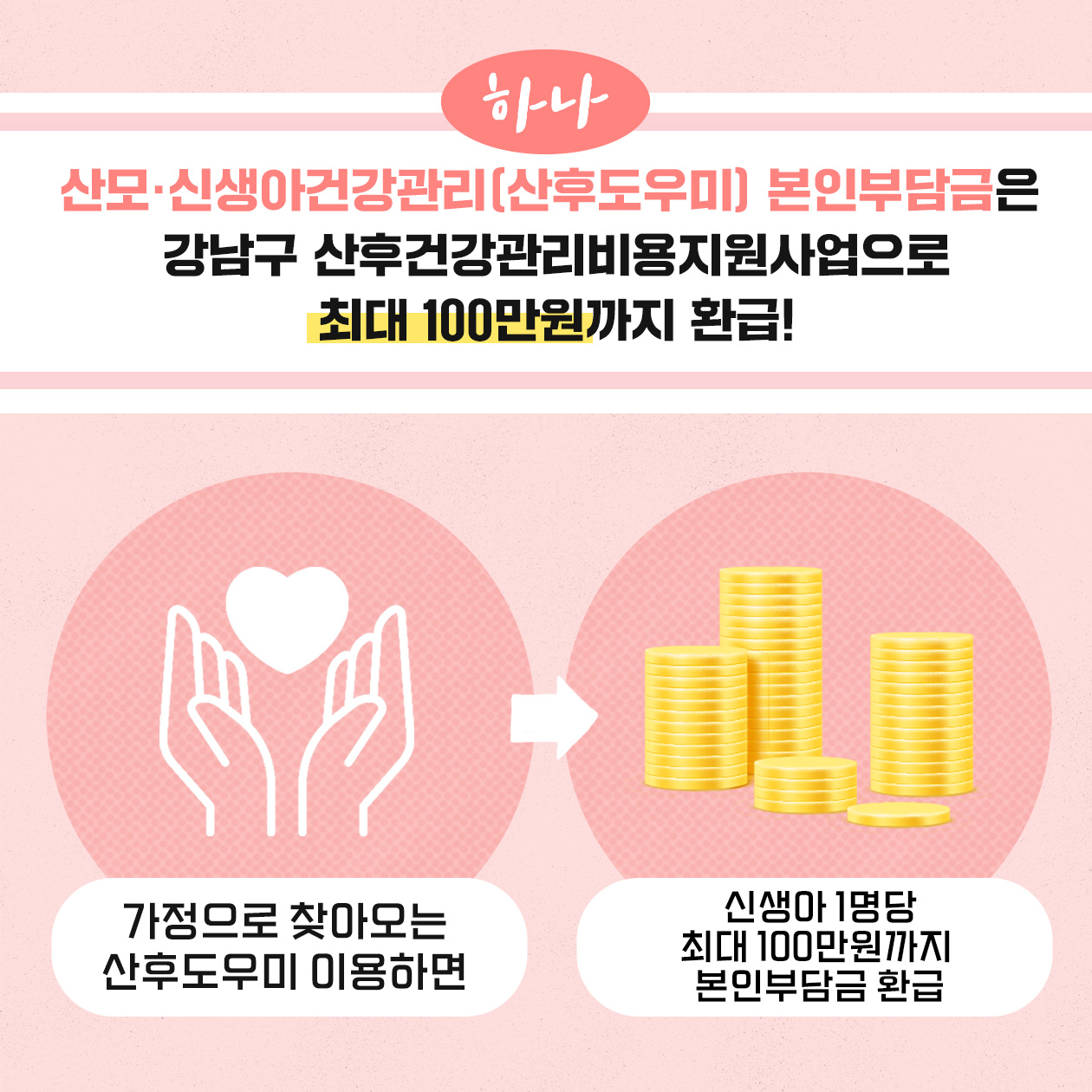 산모·신생아건강관리 즉, 산후도우미 서비스 본인부담금은 강남구 산후건강관리비용지원사업으로 최대 100만원까지 환급받을 수 있습니다. 가정으로 찾아오는 산후도우미 이용하고 신생아 1명당 최대 100만원까지 본인부담금 환급받으세요.