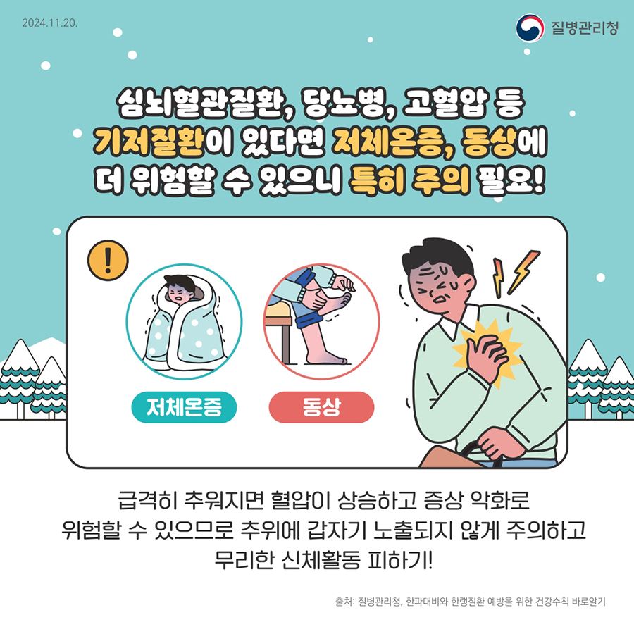 심뇌혈관질관, 당뇨병, 고혈압 등 기저질환이 있다면 저체온증, 동상에 더 위험할 수 있으니 특히 주의 필요!  급격히 추워지면 혈압이 상승하고 증상 악화로 위험할 수 있으므로 추위에 갑자기 노출되지 않게 주의하고 무리한 신체활동 피하기!