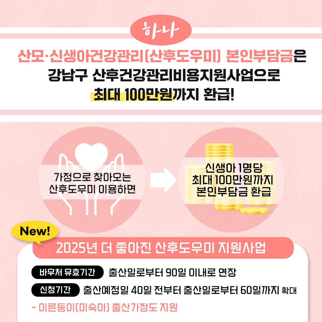 산모·신생아건강관리 즉, 산후도우미 서비스 본인부담금은 강남구 산후건강관리비용지원사업으로 최대 100만원까지 환급받을 수 있습니다. 가정으로 찾아오는 산후도우미 이용하고 신생아 1명당 최대 100만원까지 본인부담금 환급받으세요. 2025년에 개선된 내용도 확인해 주세요. 바우처 유효기간이 출산일로부터 90일 이내로 연장됐으며, 신청기간도 출산예정일 40일 전부터 출산일로부터 60일까지로 늘어났습니다. 이른둥이, 즉 미숙아 출산가정도 지원합니다.