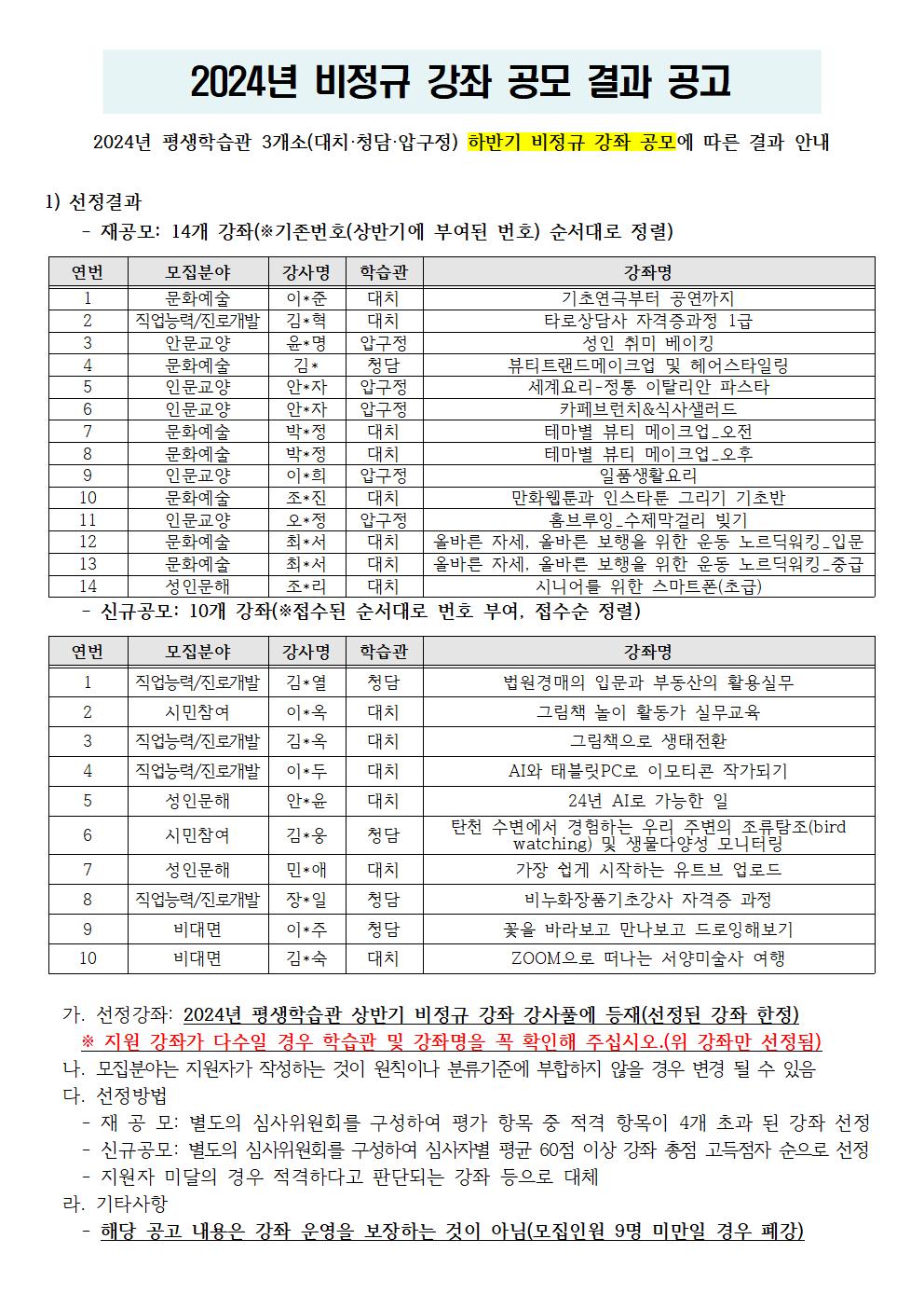 [강남구도시관리공단] 2024년 평생학습관 3개소 비정규 강좌 공모(하반기) 결과 공고